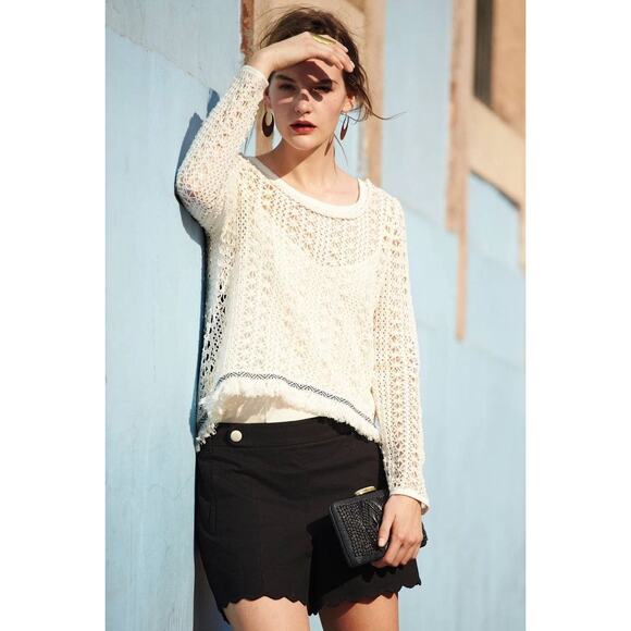 Anthropologie Akemi + Kin Open Knit Crochet Fringe Boho Franja Pullover Blouse - Picture 1 of 12